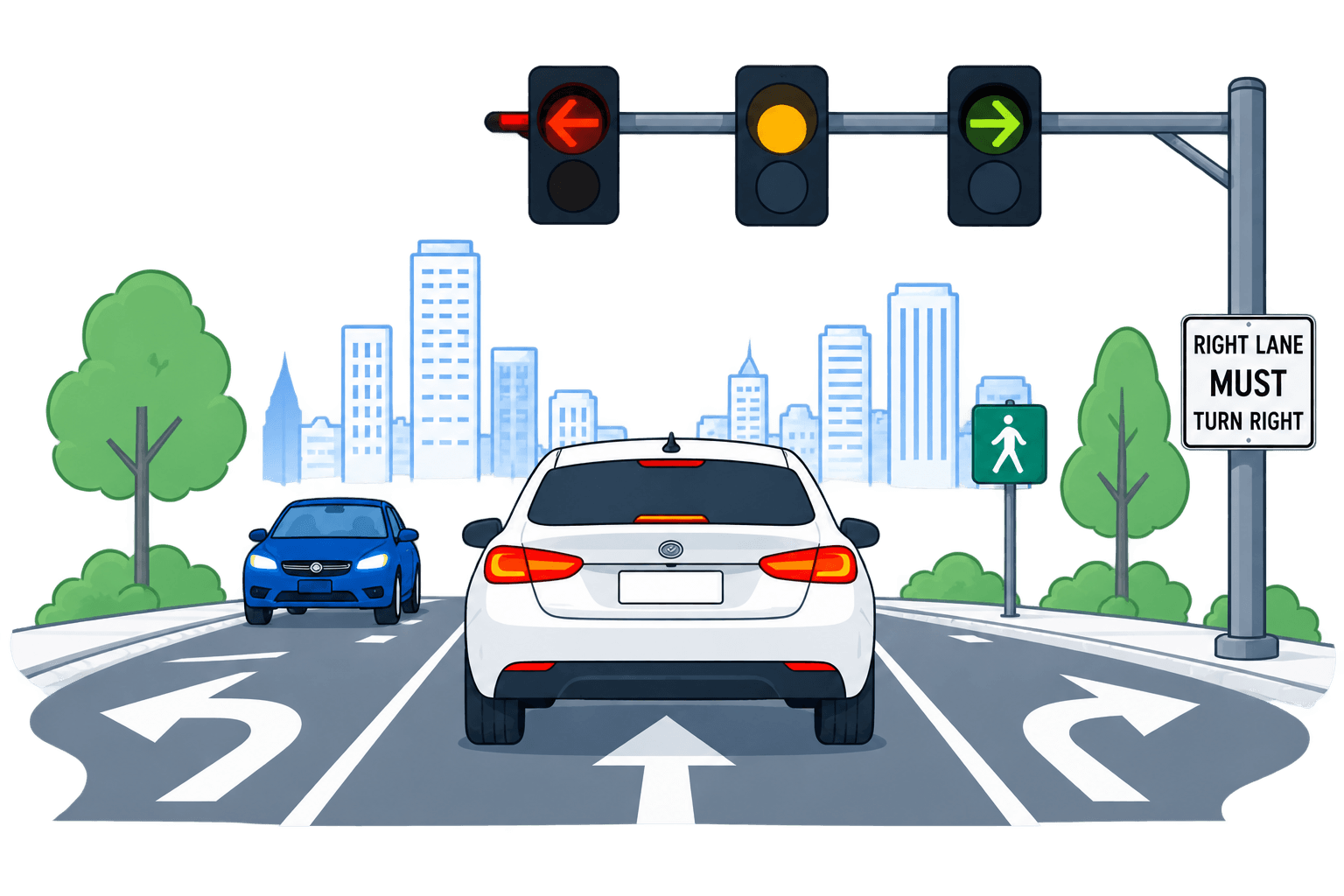 A car's-eye view approaching an intersection, with an overhead traffic signal showing a protected left-turn and right-turn arrow, a Right Lane Must Turn Right sign, and a second car alongside